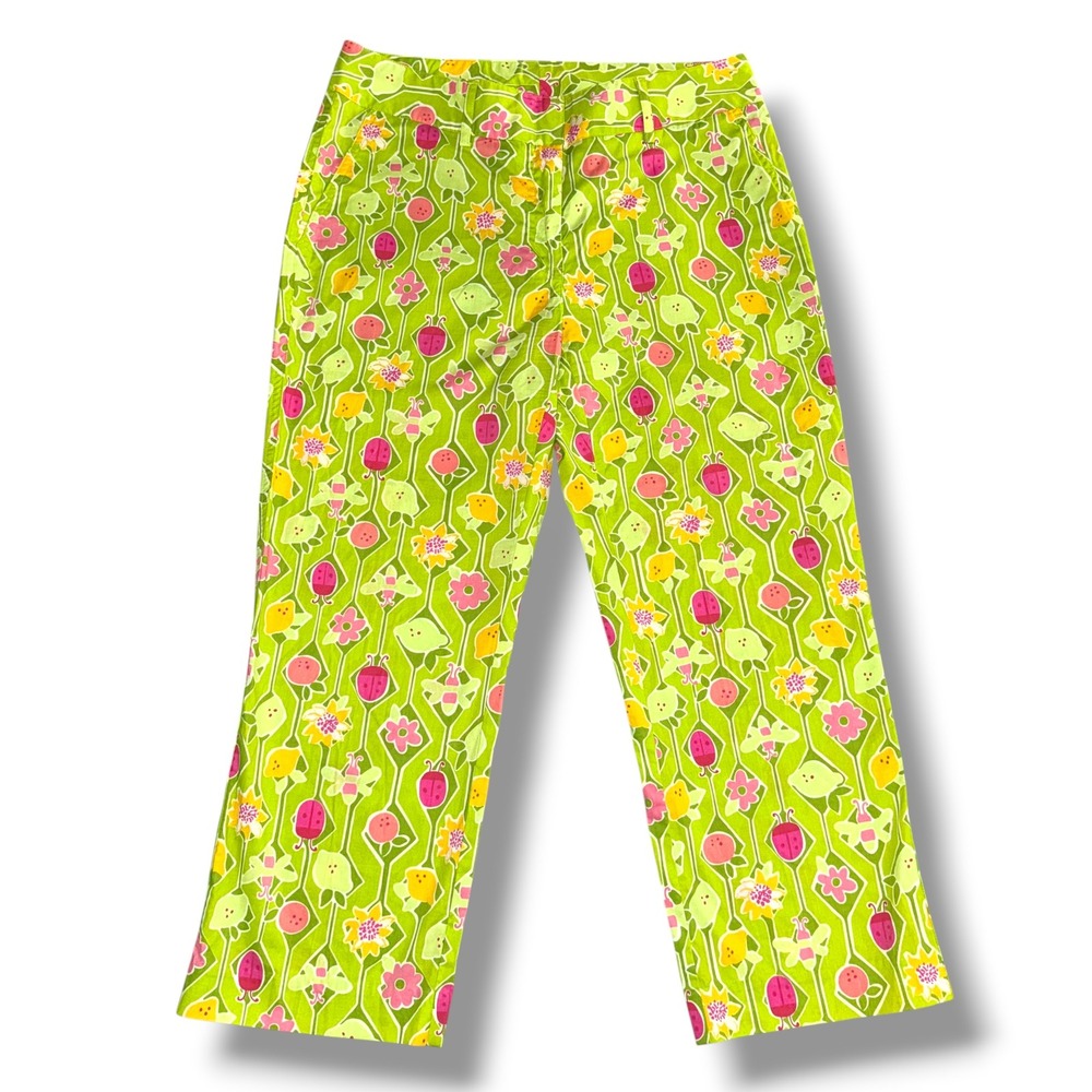 Vintage Lilly Pulitzer Ladybug Bee Floral Crop Pants Green Pink Size 4 AOP